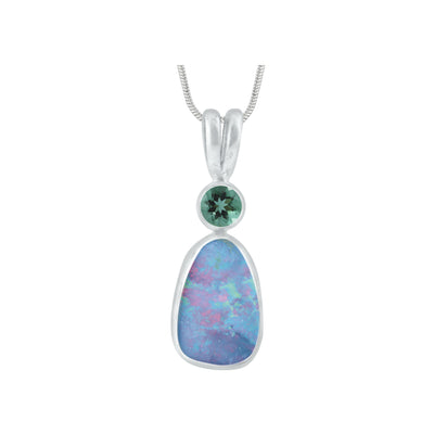 Silver Pendant With Green Topaz & Free Form Opal