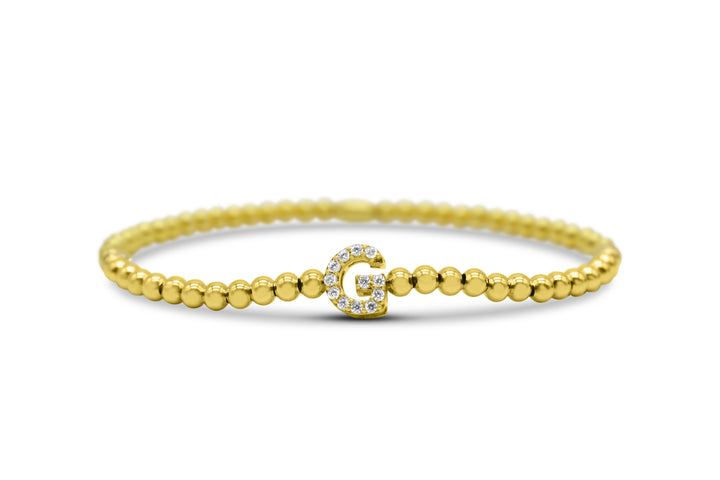 Stia - Sterling Silver - 14K Gold Plated Pave Initial G Cubic Zirconia Beaded Stretch Bracelet