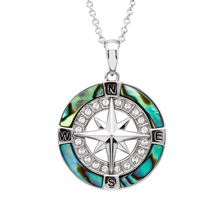 Sterling Silver Silver Abalone Round 20" Compass Necklace