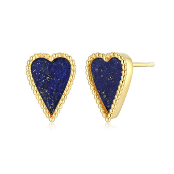 Elle - Sterling Silver - 18K Gold Plated "Long love" Lapis Stud Heart Earrings