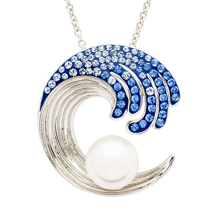 Ocean - Sterling Silver - Pearl & Crystal Round 18" Wave Necklace