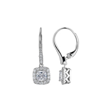 Elle - Sterling Silver - "Radiance" Halo Cubic Zirconia Cushion Lever Back Earrings
