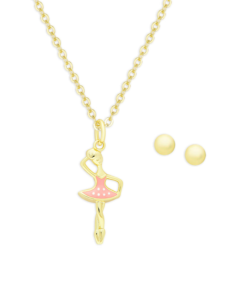 Lily Nily - Sterling Silver - 18K Gold Plated - Ball Studs with Enamel Ballerina Necklace/Earring Set 14-16"