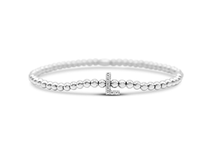 Stia - Sterling Silver - Silver Pave Initial L Cubic Zirconia Beaded Stretch Bracelet