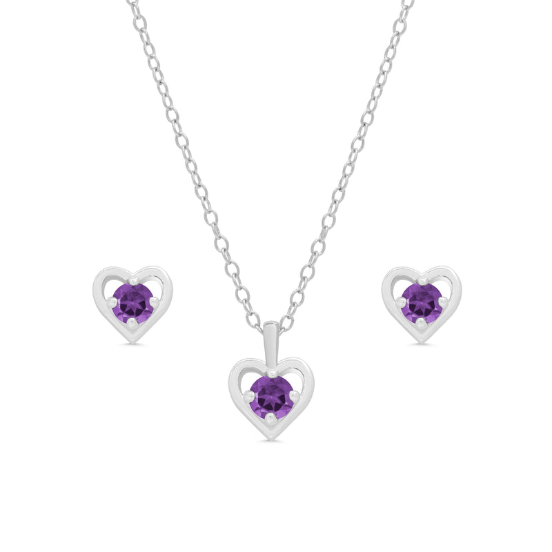 Lily Nily - Sterling Silver - Silver -Purple- Cubic Zirconia Heart Stud Necklace/Earring Set 14-16"