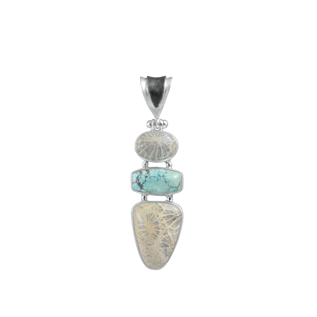Sterling Silver Pendant With Turquoise Rectangle Cushion, Fosill Coral Round And Rectangle