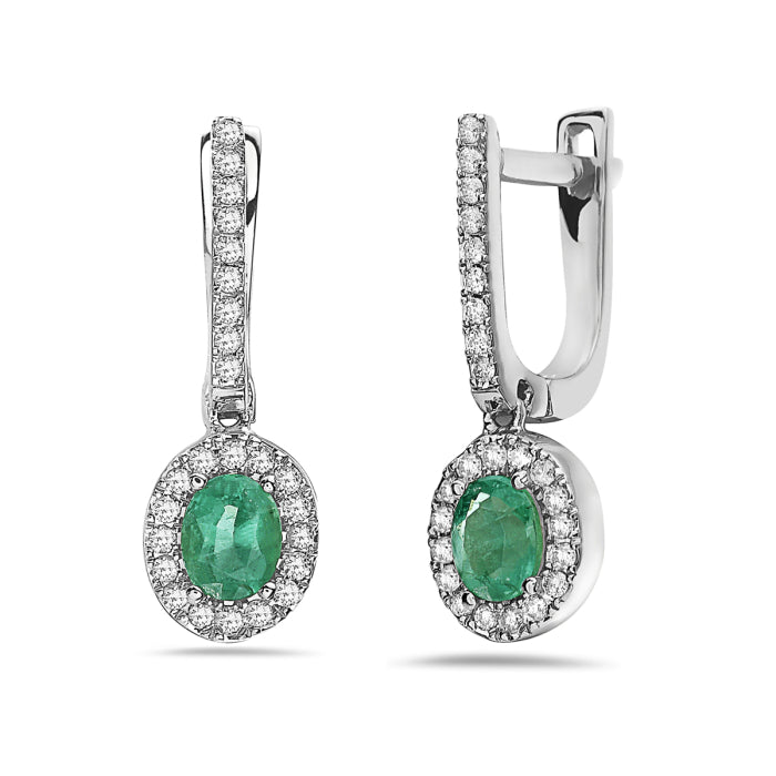 14k White Gold Oval 0.74ct Emerald Dangle Earrings