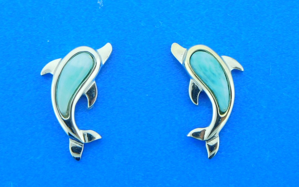 Sterling Silver - Larimar Stud Dolphin Earrings