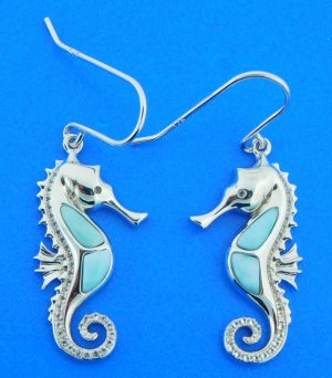 Sterling Silver - Larimar Dangle Sea Horse Earrings