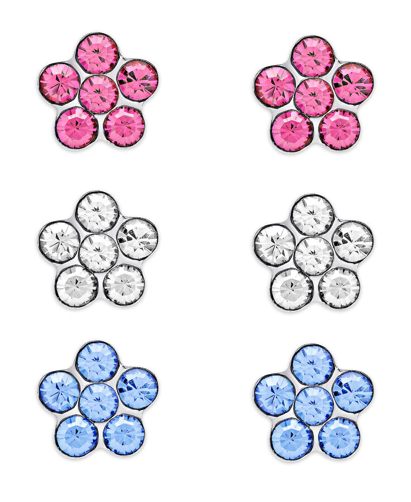 Lily Nily - Sterling Silver - Silver - Set of 3 - Pink, White, Blue - Crystal Flower Stud Earrings