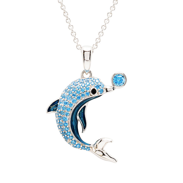Ocean - Sterling Silver - Crystal 18" Enamel Dolphin Necklace