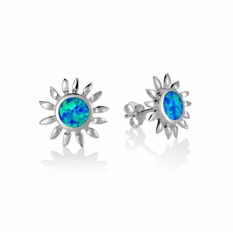 Sterling Silver Larimar Round Stud Sunflower Earrings