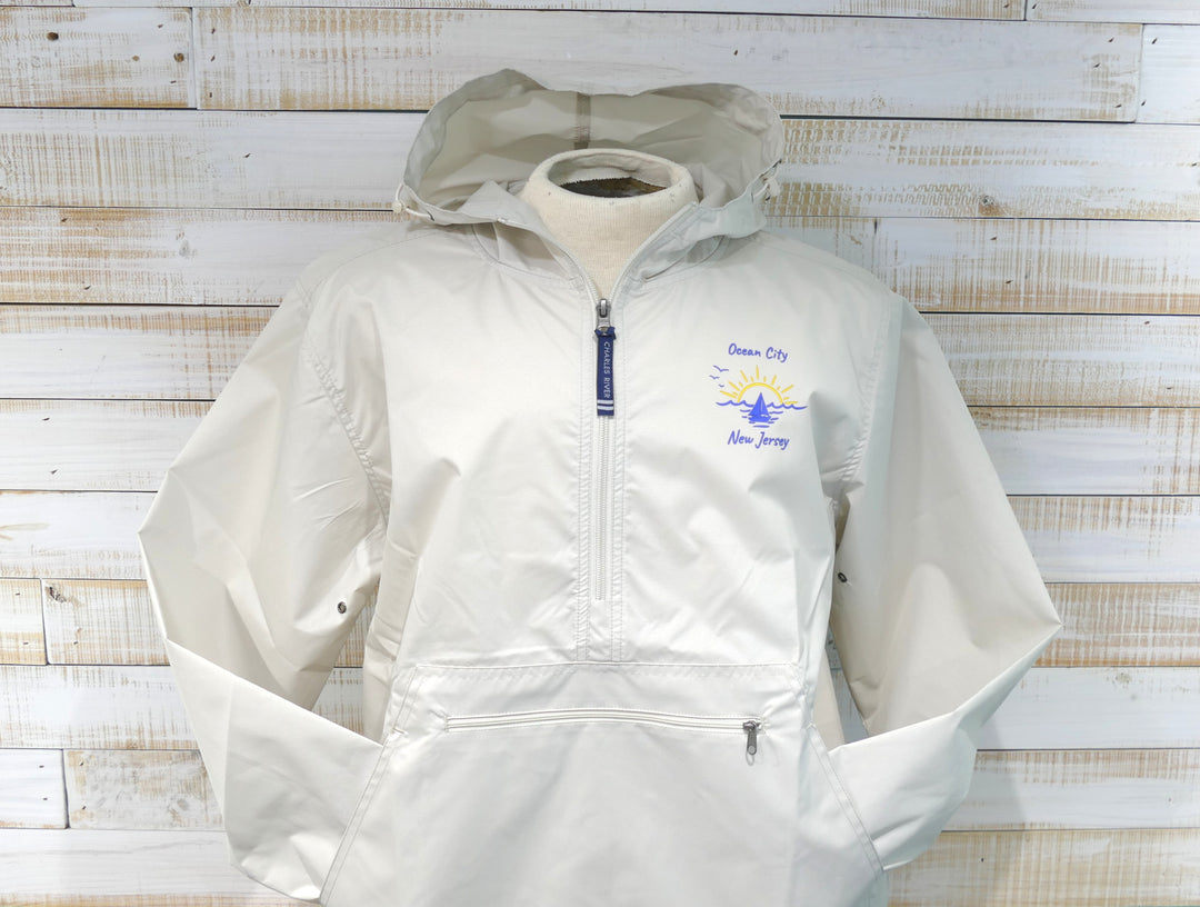 Charles River - Long Sleeve 1/4 Zip Hooded Pack & Go Rain Jacket - Beige