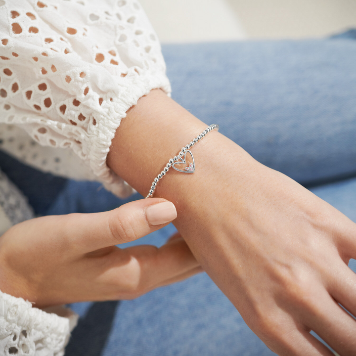 A Little & Co - Brass - Silver Plated - It's a Girl! Crystal Heart Stretch Beaded Bracelet