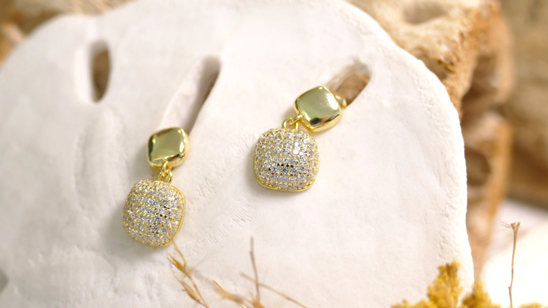 Sterling Silver - 14K Gold Plated Double Square - Stud Cubic Zirconia Drop Earrings