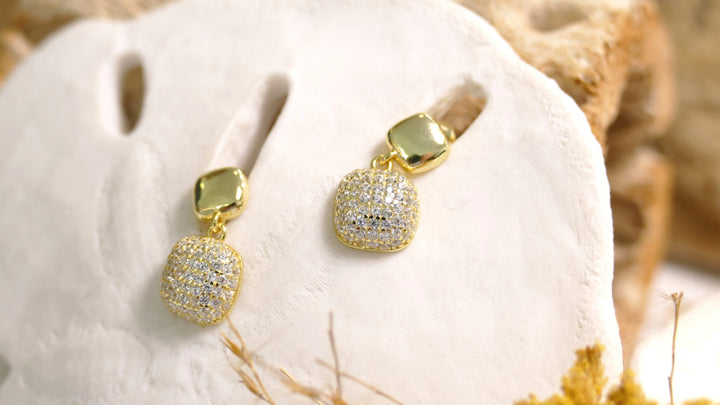 Sterling Silver - 14K Gold Plated Double Square - Stud Cubic Zirconia Drop Earrings
