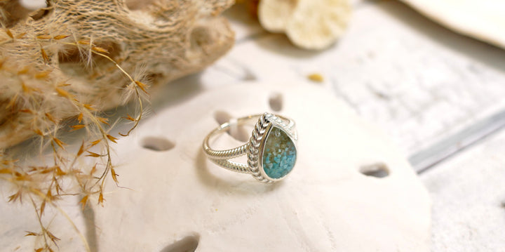 Dune - Sterling Silver - Modern Mermaid Teardrop Turquoise Gradient Ocean City Beach Sand Ring 8