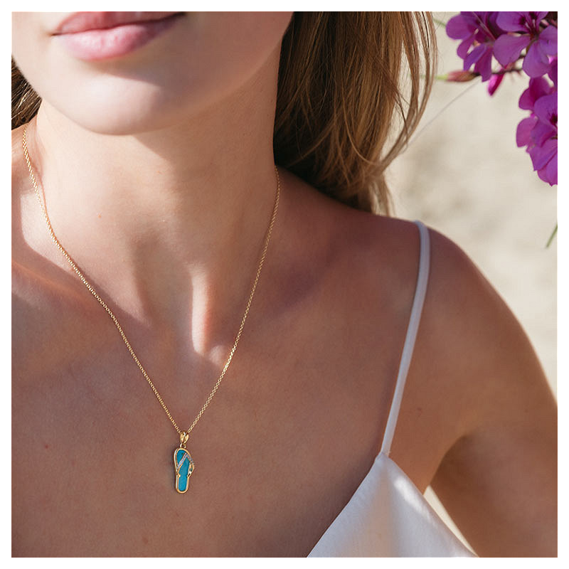 Ocean - Sterling Silver - Gold Vermeil White Lab Sapphire Turquoise Flip-Flop Necklace