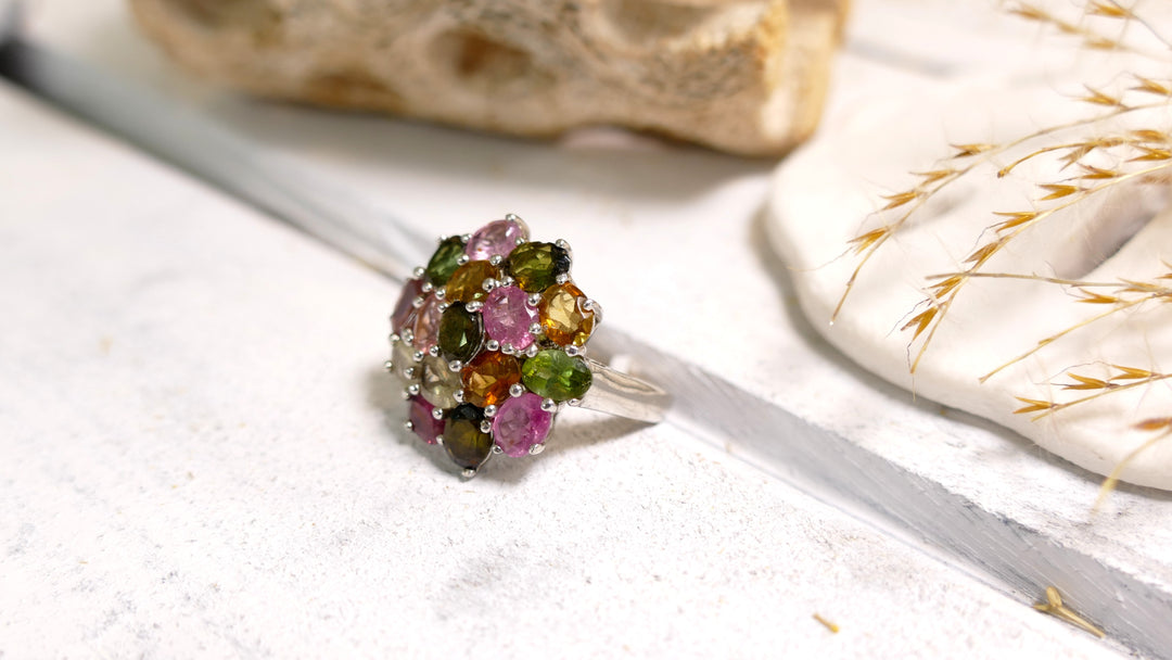 Sterling Silver - Silver Amethyst, Pink Tourm, Citrine, Chrysolite Statement Ring (Size 6)