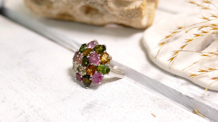 Sterling Silver - Silver Amethyst, Pink Tourm, Citrine, Chrysolite Statement Ring (Size 6)