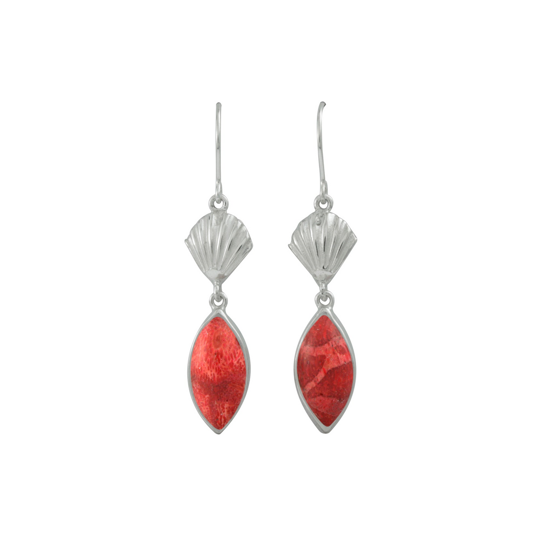 Silver Earring With Shell Component & Sponge Coral Marquoise