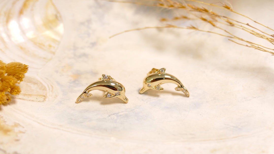 14k - Yellow Gold Natural Diamond Dolphin Stud Earrings