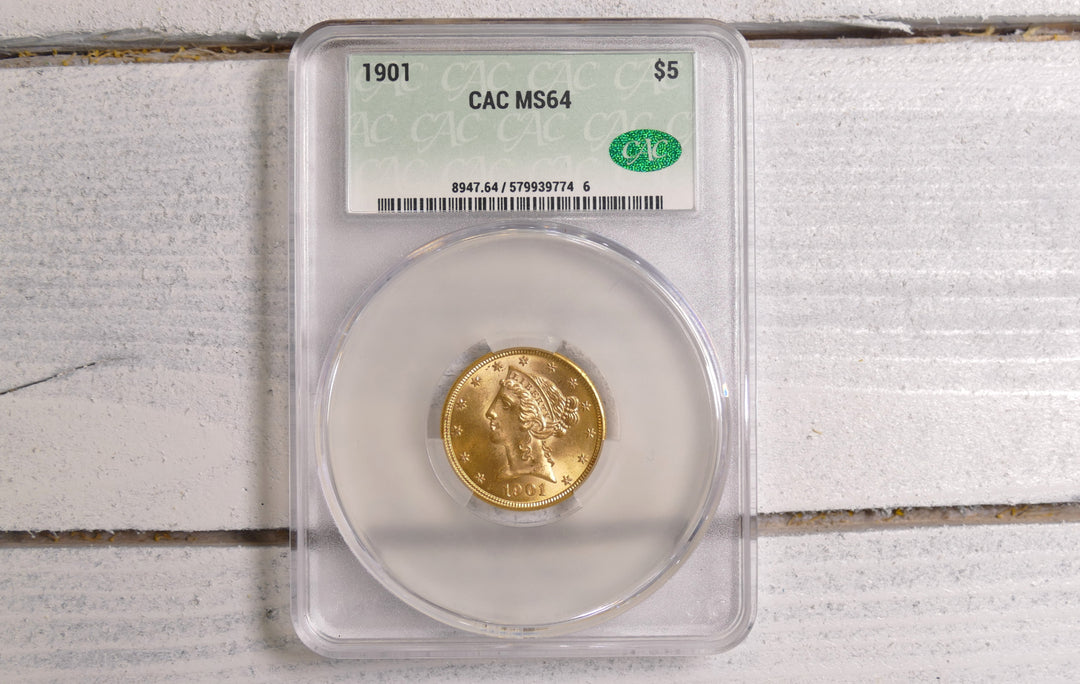 US 1901 $5 HALF EAGLE CAC MS64