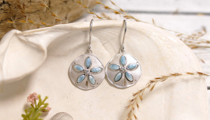 Sterling Silver - Silver Center Diamond Larimar Sanddollar Drop Earrings