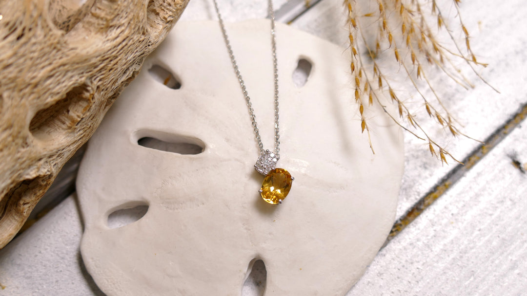 14k White Gold Oval Citrine Diamond Necklace