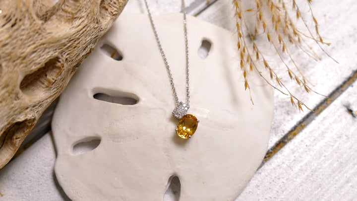 14k White Gold Oval Citrine Diamond Necklace
