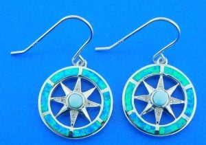 Sterling Silver - Larimar Round Dangle Compass Earrings