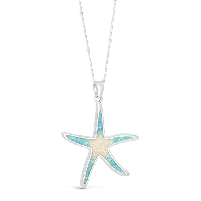 Dune - Sterling Silver - Turquoise Gradient Starfish Necklace Beaded Cable Chain (16"-18"-20")
