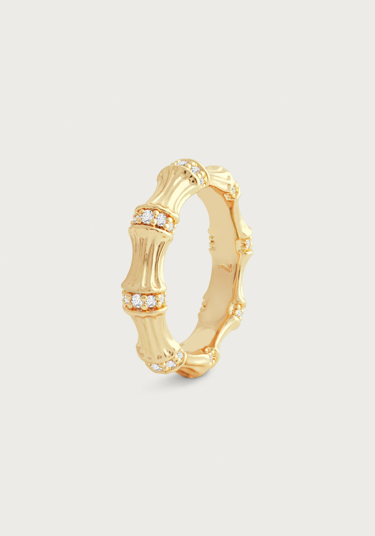 Anabel Arum - Brass - 18K Gold Plated Pave Crystal Bamboo Ring (Size 7)