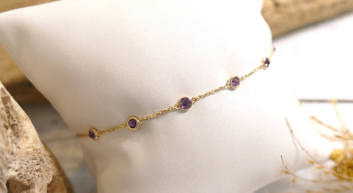14k Yellow Gold Amethyst Station Chain Bracelet