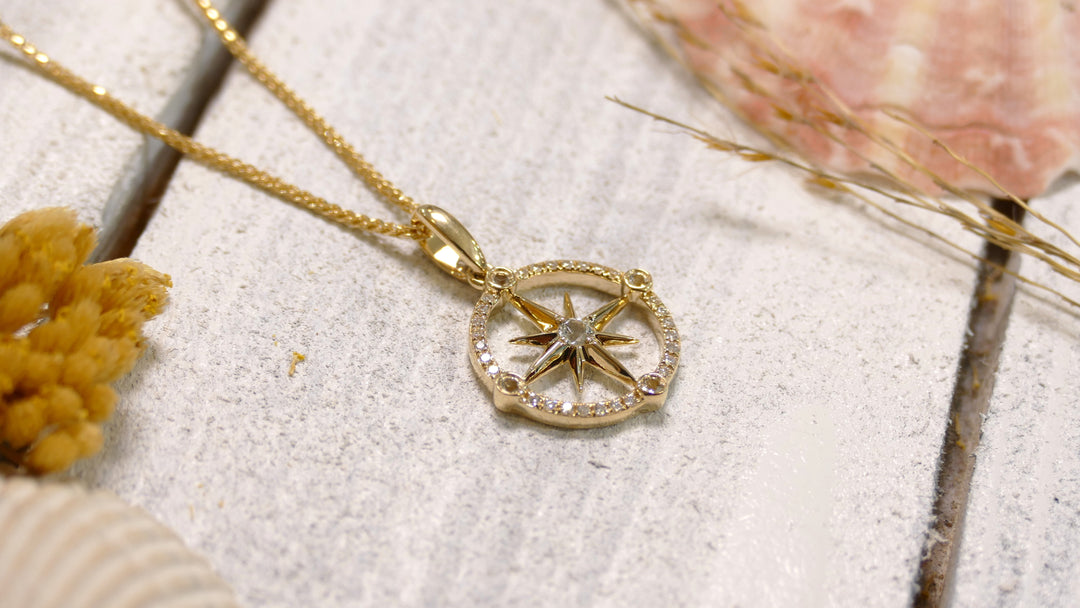 14k - Yellow Gold Natural Diamond Compass Pendant