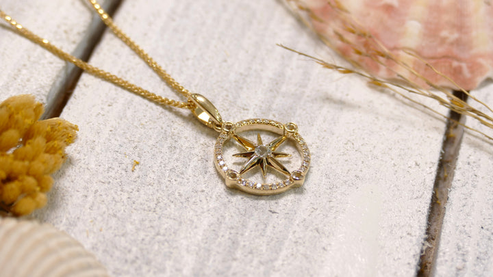 14k - Yellow Gold Natural Diamond Compass Pendant