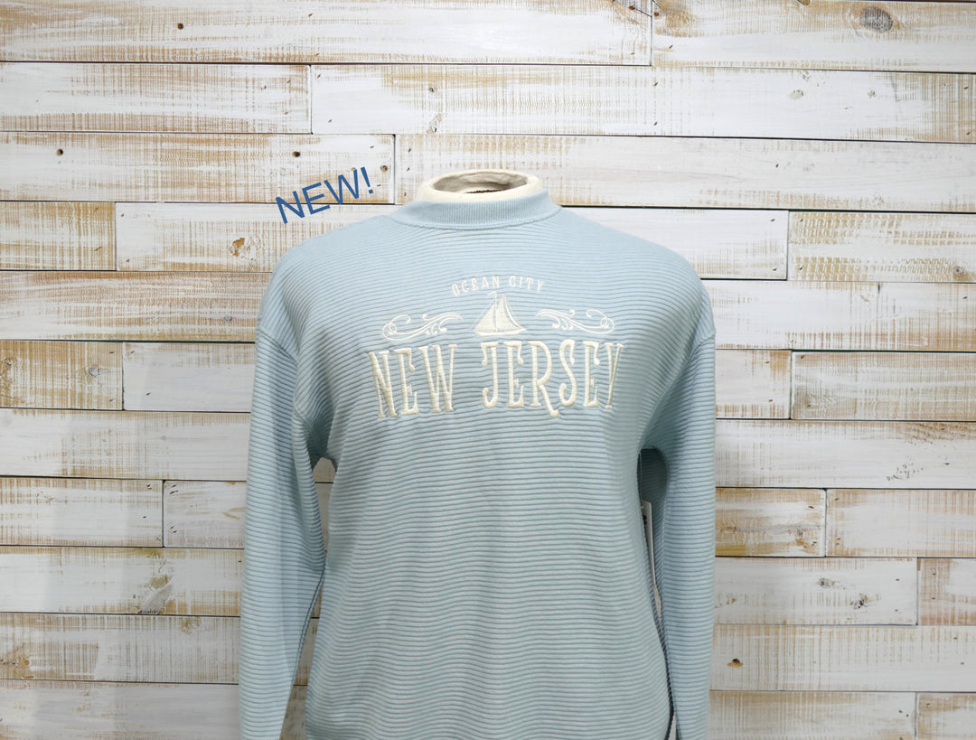 Long Sleeve Crew Neck Ribbed OCNJ Sailboat Sweatshirt - Light Green (Large)