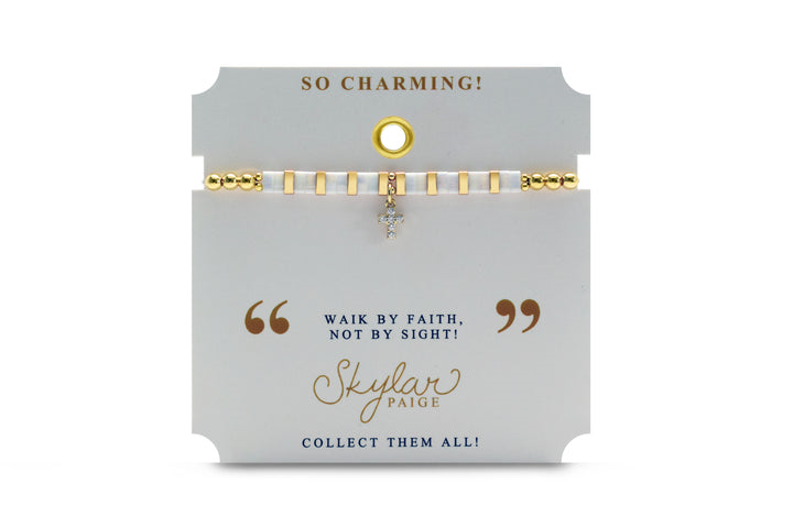 Skylar Paige Tila Bead Gold Morse Code Cubic Zirconia Cross Stretch Bracelet