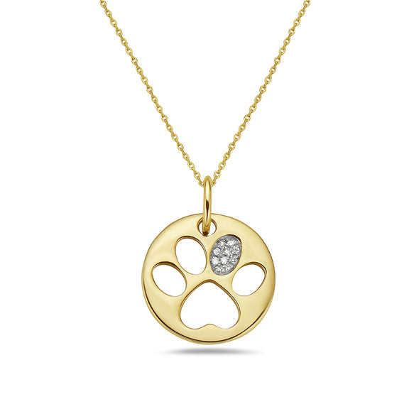 14k Yellow Gold .03ct. Natural Diamond Round 18" Paw Print Necklace