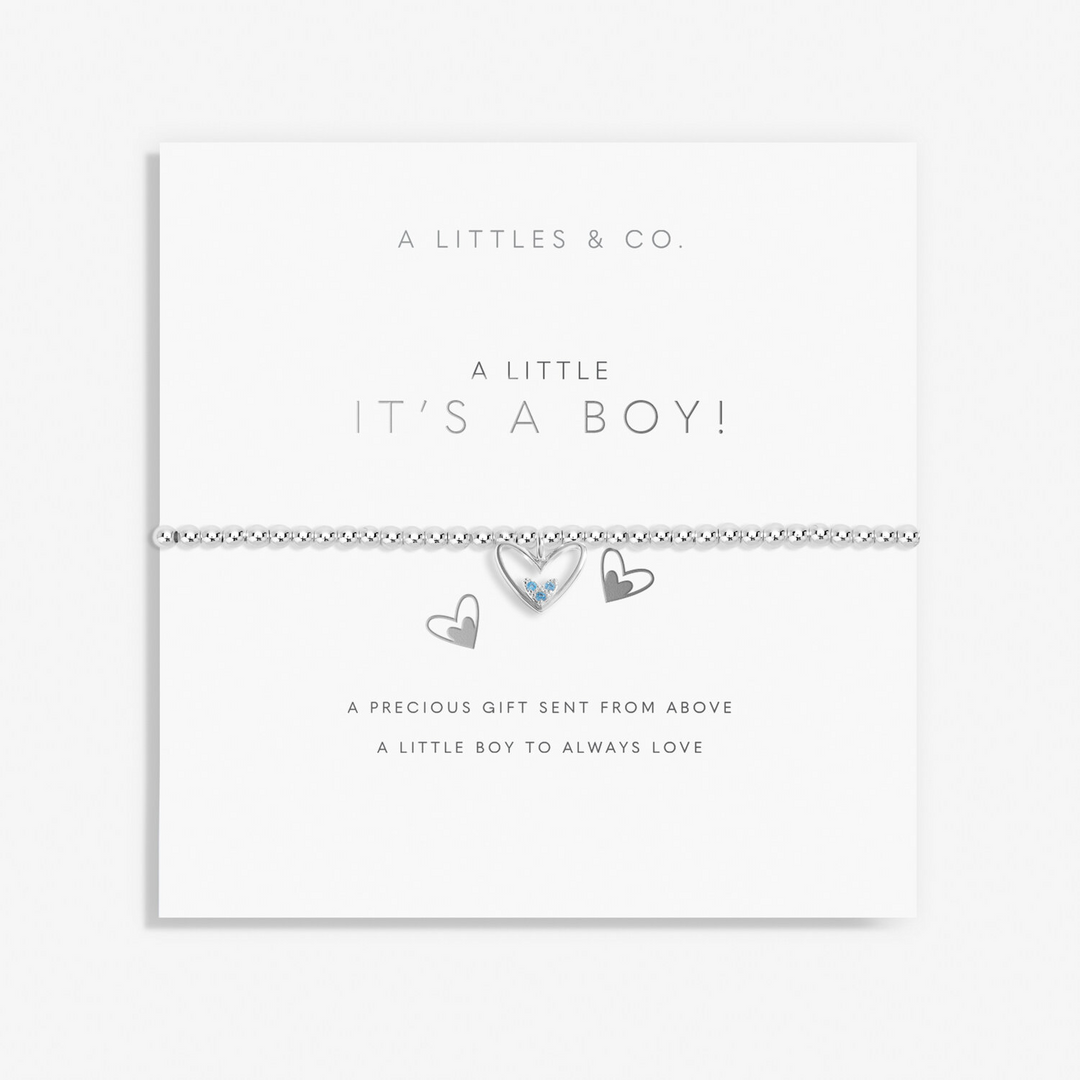 A Little & Co - Brass - Silver Plated - It's a Boy! Crystal Heart Stretch Beaded Bracelet