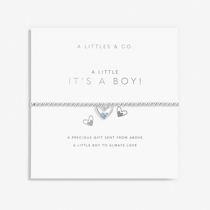 A Little & Co - Brass - Silver Plated - It's a Boy! Crystal Heart Stretch Beaded Bracelet