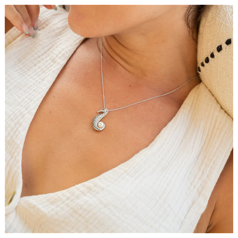 Ocean - Sterling Silver - Pearl & Crystal 18" Sea Horse Necklace