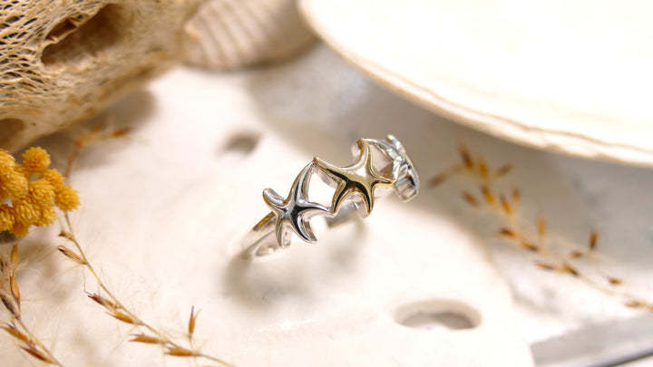 Sterling Silver - Two Tone 14KY Center Starfish - Starfish Ring
