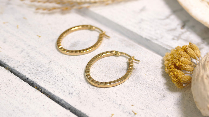 14k Yellow Gold Oval - Diamond Cut Hoop Earrings