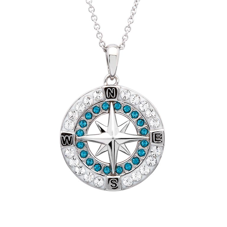 Ocean - Sterling Silver - Crystal Round 20" Compass Necklace
