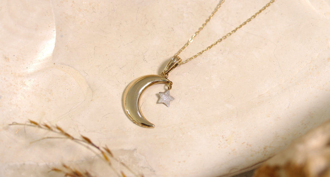 14k - Yellow Gold Crescent Moon + Star Charm Necklace