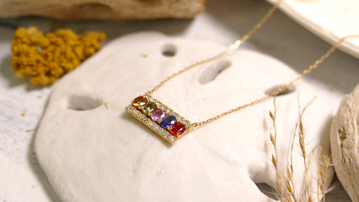 18k Yellow Gold 5 Stone Bar - Rainbow Gradient - Natural Diamond 0.32ct Sapphire Necklace