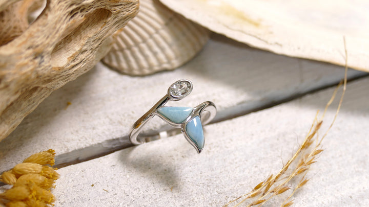 Sterling Silver - Silver Wrap Larimar Whale Tail Ring (Size 8)