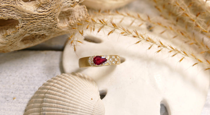 14k Yellow Gold Ruby 0.59ct + Diamond 0.15ct Band Teardrop - Brushed Ring