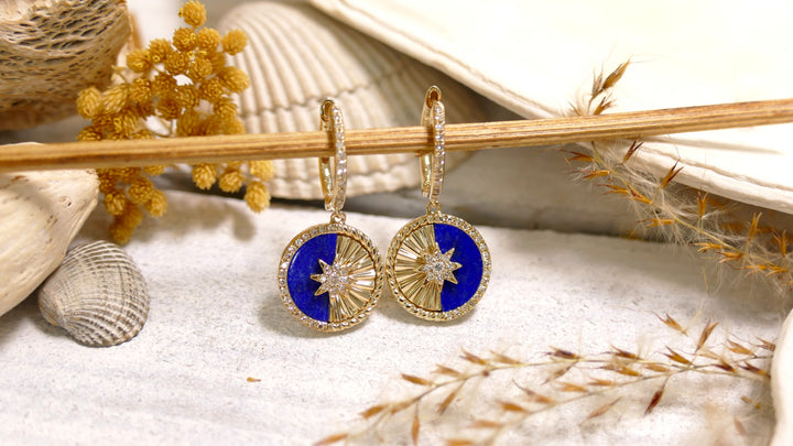 14k Yellow Gold Round .22ct Diamond Lapis + Starburst Dangle Earrings